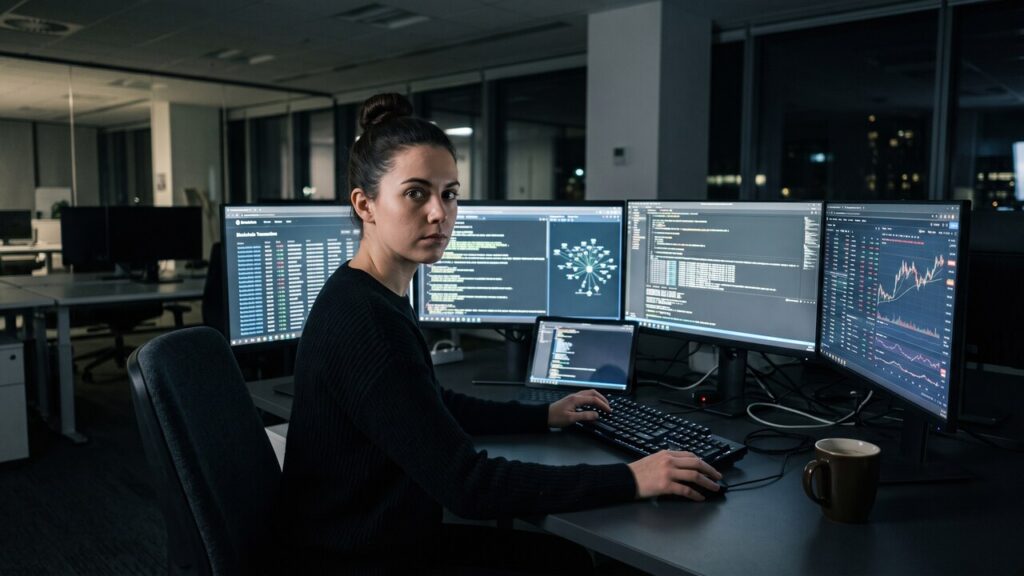 Beveiligingsanalist volgt in een donker kantoor blockchain-transacties op meerdere schermen