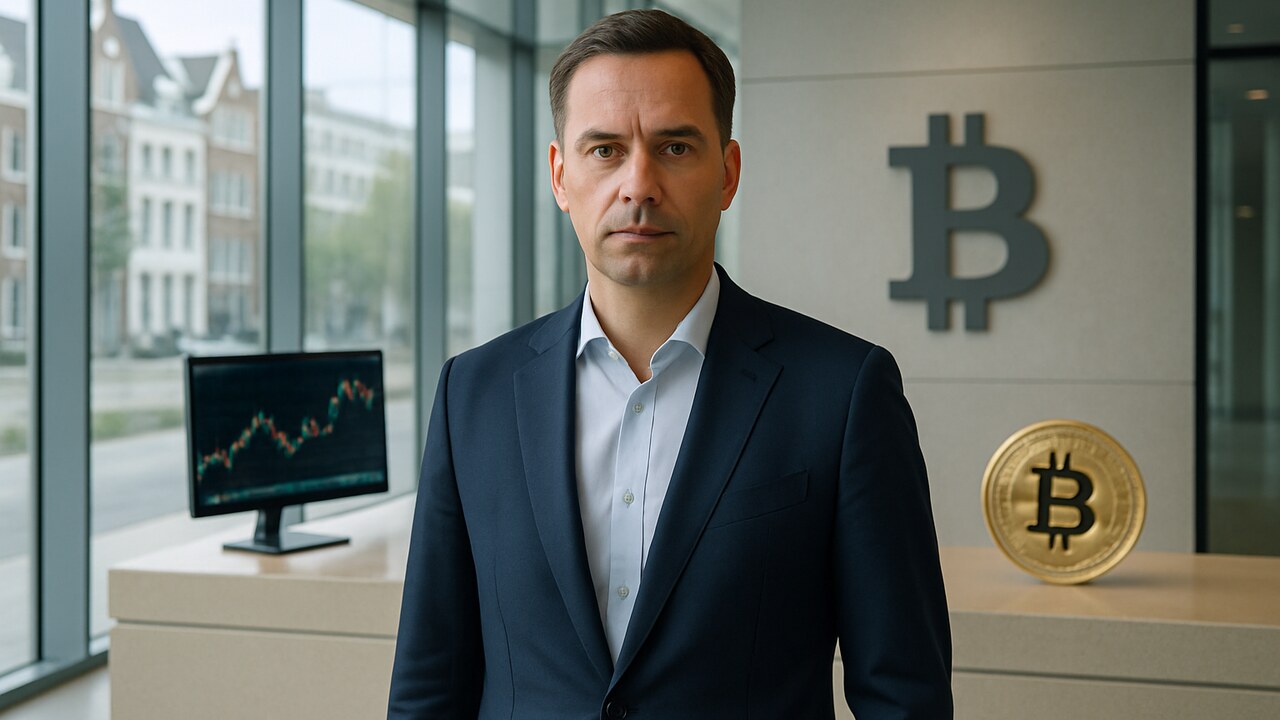 Nederlandse zakenman in pak in een modern Amsterdams kantoor met een Bitcoin-symbool op de wand