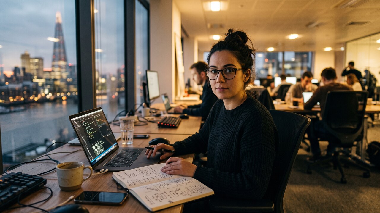 Een ontwikkelaar achter een laptop in een modern kantoor kijkt richting de camera, met schetsen op het bureau