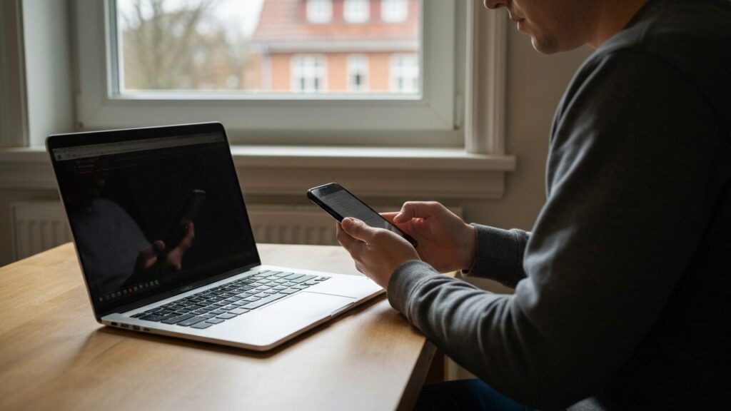 Iemand betaalt met een smartphone aan de keukentafel, met een laptop ernaast