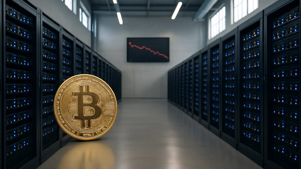 Interieur van een Bitcoin-datacenter met serverrijen en op de achtergrond een scherm met een dalende koersgrafiek