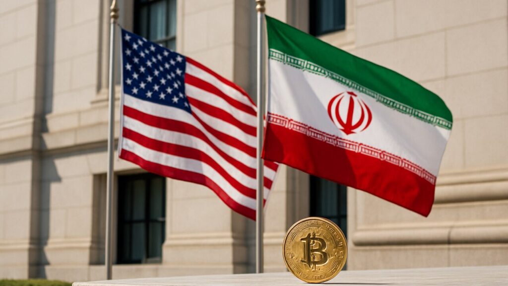 Amerikaanse en Iraanse vlag naast elkaar bij een diplomatiek gebouw met een kleine Bitcoin-munt op de voorgrond