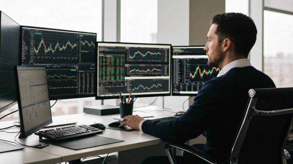 Een analist bestudeert financiele grafieken op meerdere schermen in een modern handelskantoor