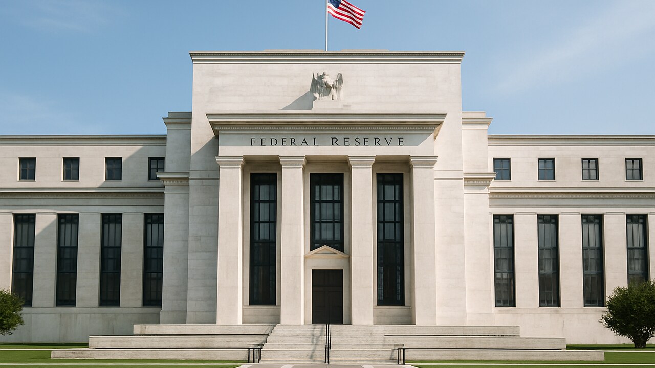 Het gebouw van de Amerikaanse Federal Reserve in daglicht met stenen zuilen