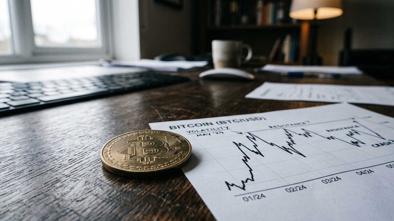 Een fysieke bitcoin-munt op een houten bureau naast een geprinte koersgrafiek in gedempt licht