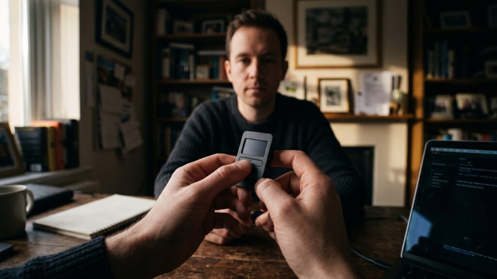 Handen van een belegger houden een hardware wallet vast in een schemerig kantoor