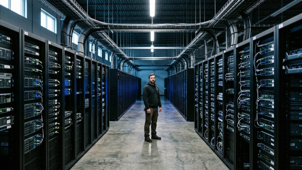 Technicus in een groot datacenter met rijen serverracks, symbool voor AI-investeringen en de chipmarkt