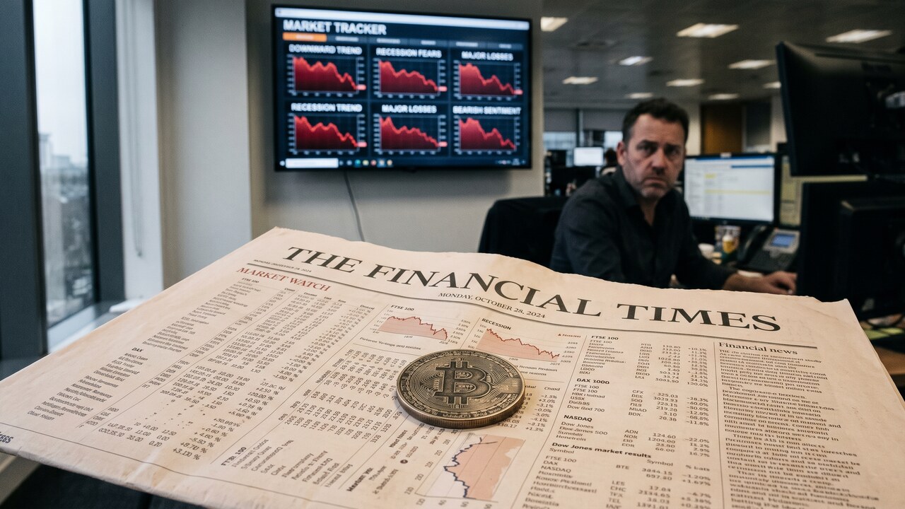Een fysieke bitcoin-munt op een financiele krant met op de achtergrond een wazig beursscherm dat dalende markten toont