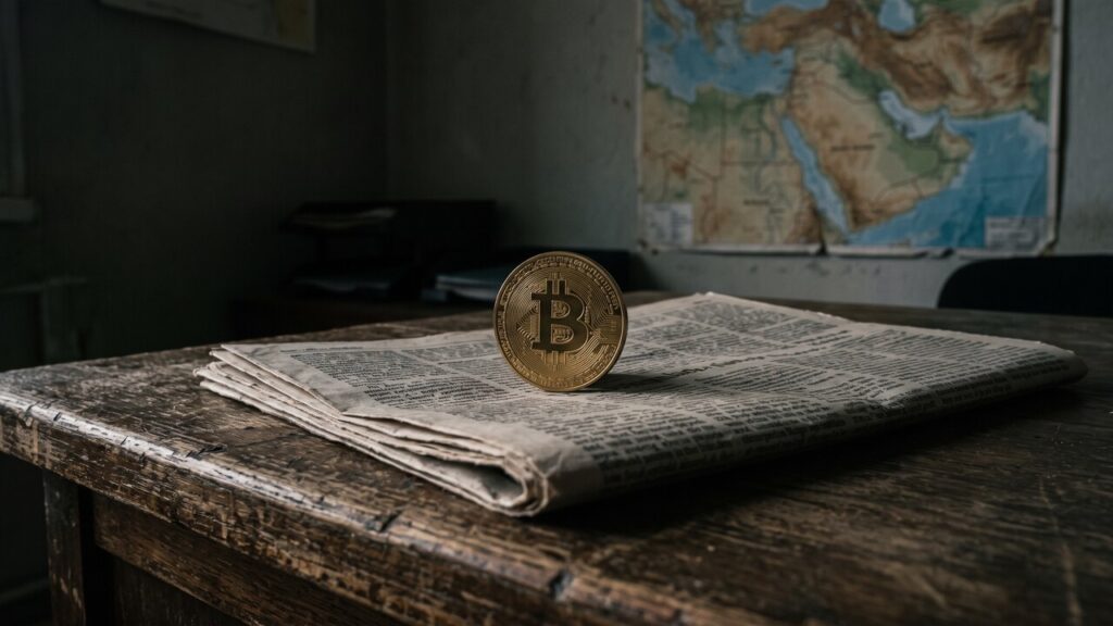 Fysieke bitcoin-munt op een opgevouwen krant met een kaart van het Midden-Oosten op de achtergrond