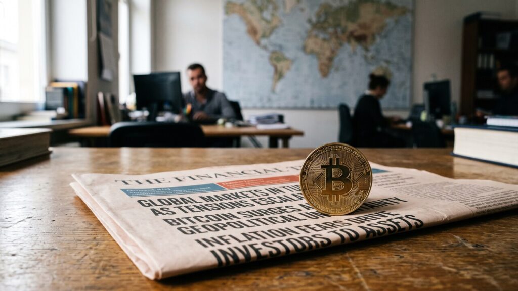 Fysieke bitcoin-munt op een financiele krant met op de achtergrond een vage wereldkaart die geopolitieke spanning oproept