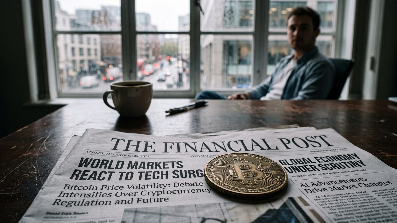 Een fysieke bitcoinmunt op een opgevouwen krant met wereldnieuws op een donker bureau