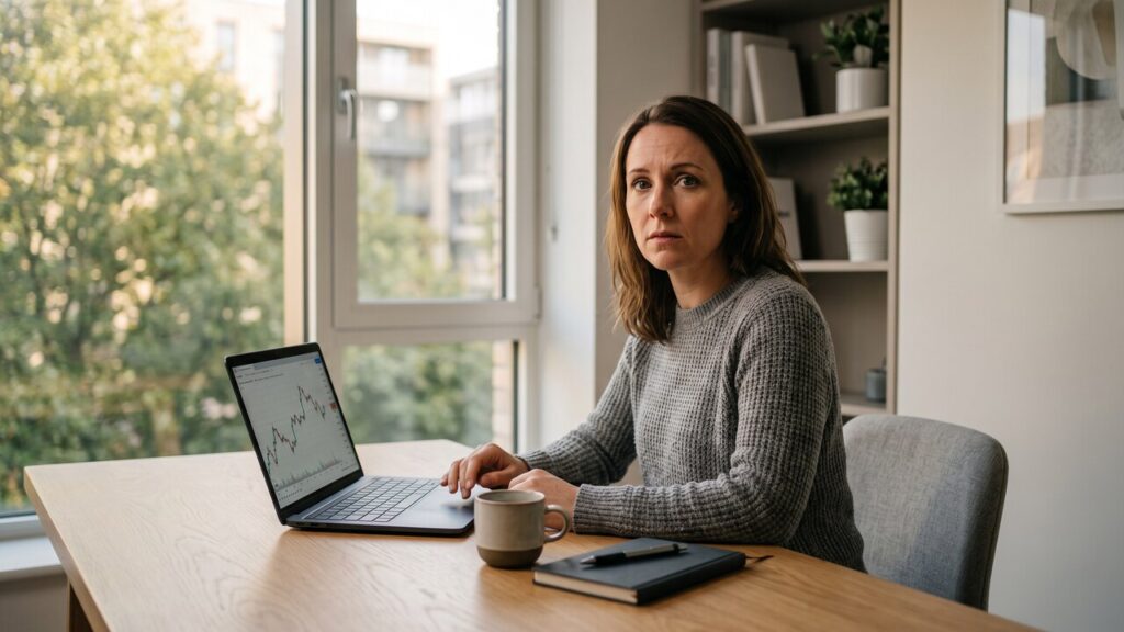 Een belegger achter een laptop in een thuiskantoor kijkt bezorgd richting de camera