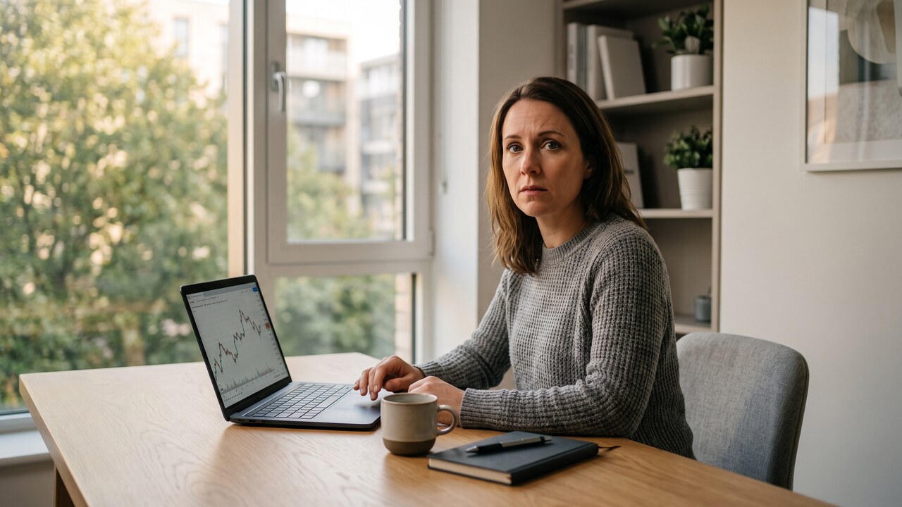 Een belegger achter een laptop in een thuiskantoor kijkt bezorgd richting de camera