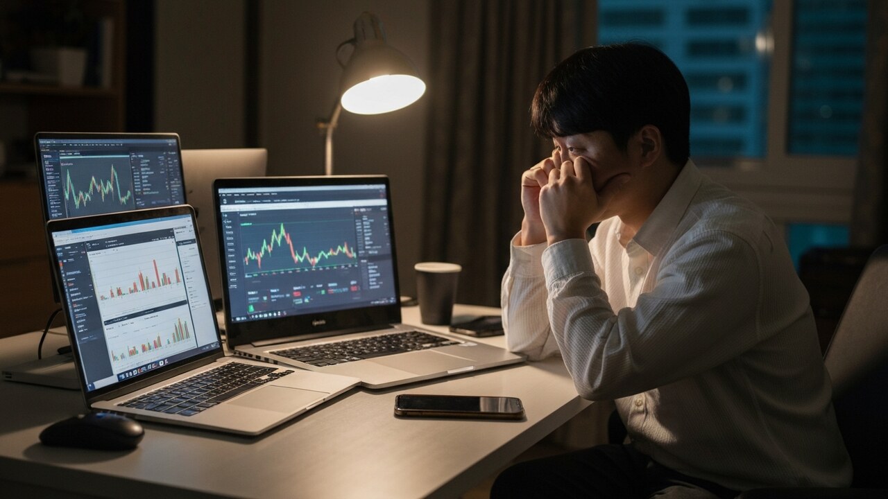 Zuid-Koreaanse belegger achter laptop en telefoon met handelsapps tijdens beursonrust