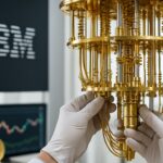 Handen van een technicus bij de goudkleurige hardware van een IBM-kwantumcomputer in een verlicht laboratorium
