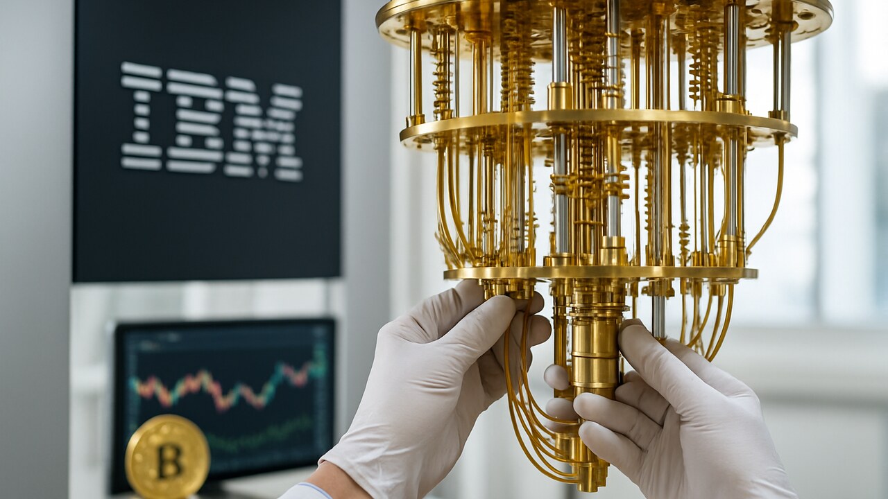 Handen van een technicus bij de goudkleurige hardware van een IBM-kwantumcomputer in een verlicht laboratorium