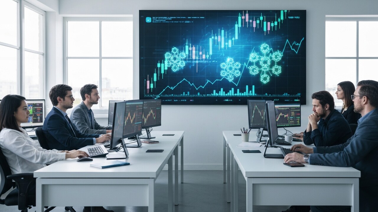 Modern handelskantoor met een groot scherm vol abstracte beursgrafieken en blockchain-verbindingen in blauw en groen