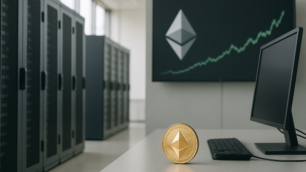 Modern datacenter met serverkasten en een scherm dat het Ethereum-logo en een stijgende groene koerslijn toont