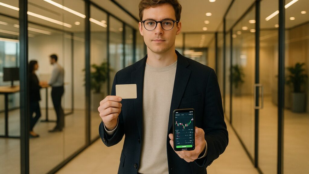 Jonge professional in een moderne fintech-kantooromgeving houdt een betaalkaart en een smartphone met handelsscherm vast
