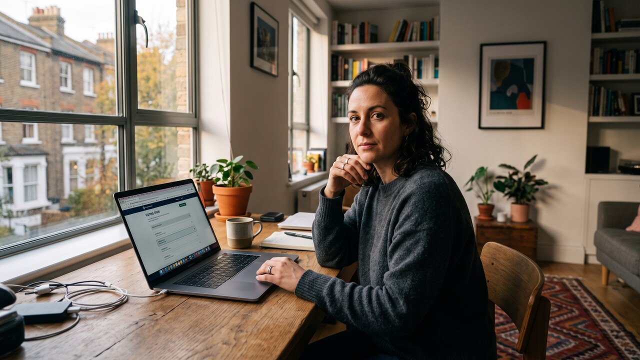 Anonieme gebruiker achter een laptop met een stemscherm, kijkend naar de camera in een huiselijke werkplek