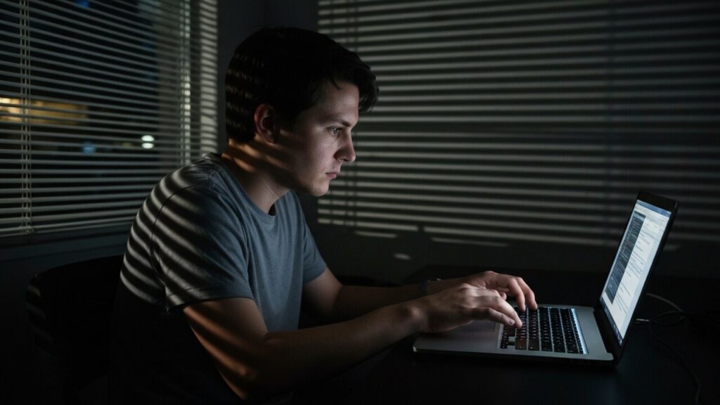 Iemand werkt s nachts op een laptop in een schemerige kamer met jaloezieen, sfeer van privacy en digitaal toezicht