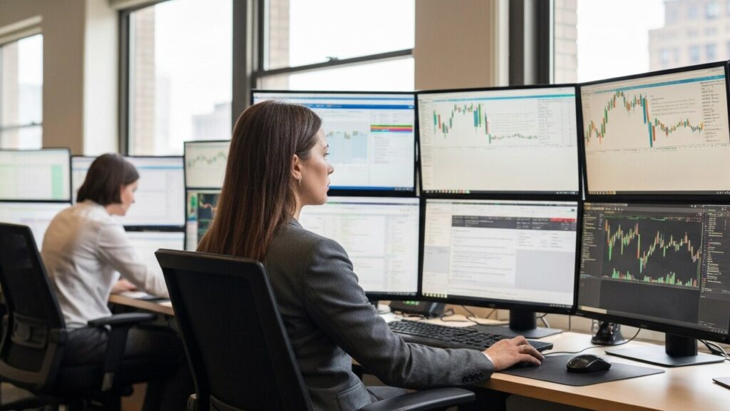 Vrouw achter een handelsbureau bekijkt financiële schermen in een modern kantoor