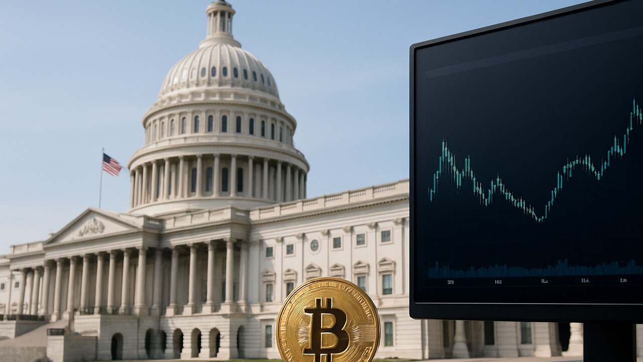 Het Capitool in Washington bij daglicht met Amerikaanse vlag, symbool voor de vastgelopen cryptowet CLARITY Act