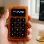 Een Coldcard hardware wallet in een hand op een bureau bij daglicht