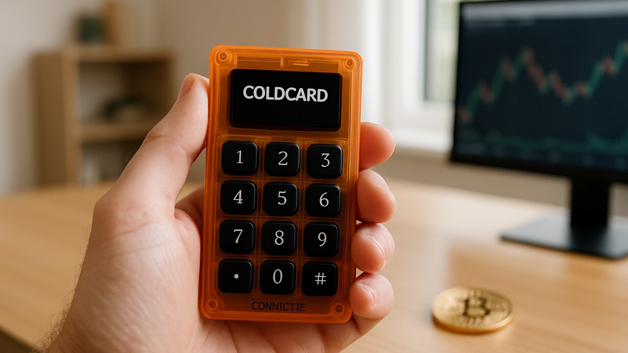 Een Coldcard hardware wallet in een hand op een bureau bij daglicht