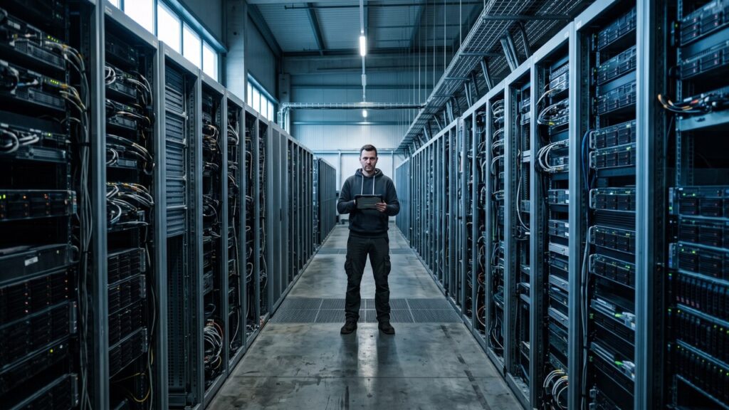 Technicus in een datacenter kijkt richting de camera tussen rijen serverracks