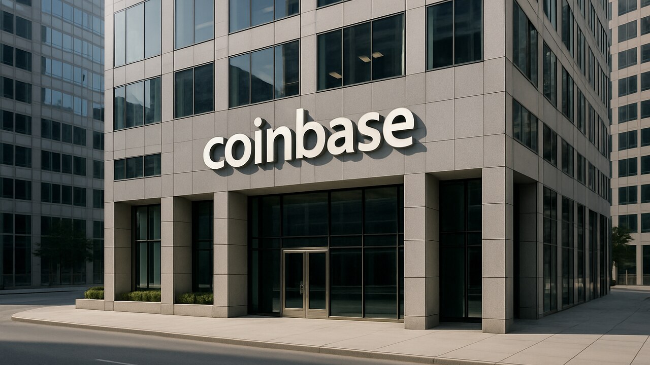 Kantoorgebouw met Coinbase-logo op de gevel in helder daglicht