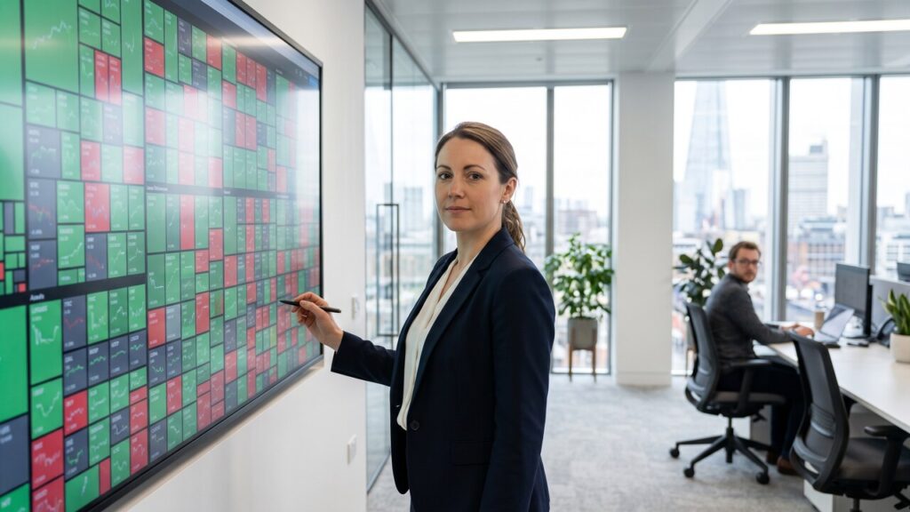Analist in een kantoor bekijkt een scherm met een raster van digitale activa