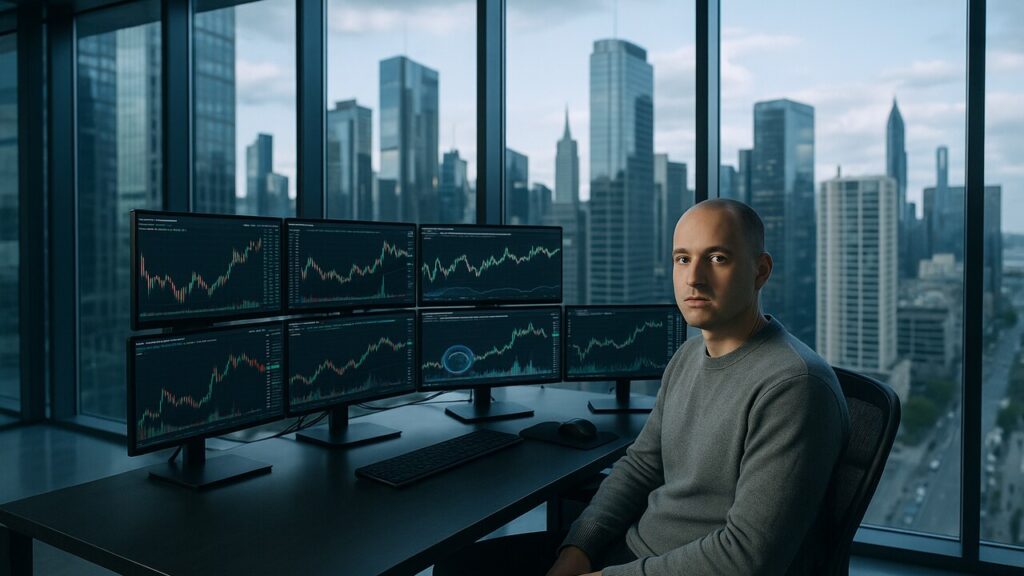 Handelaar aan een bureau met meerdere schermen die zowel aandelen- als crypto-koersen tonen in een modern kantoor