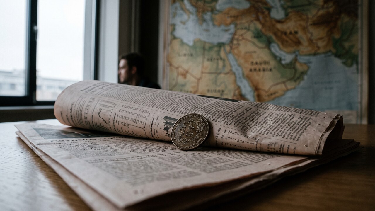 Een fysieke bitcoin-munt op een financiële krant met een wereldkaart van het Midden-Oosten op de achtergrond