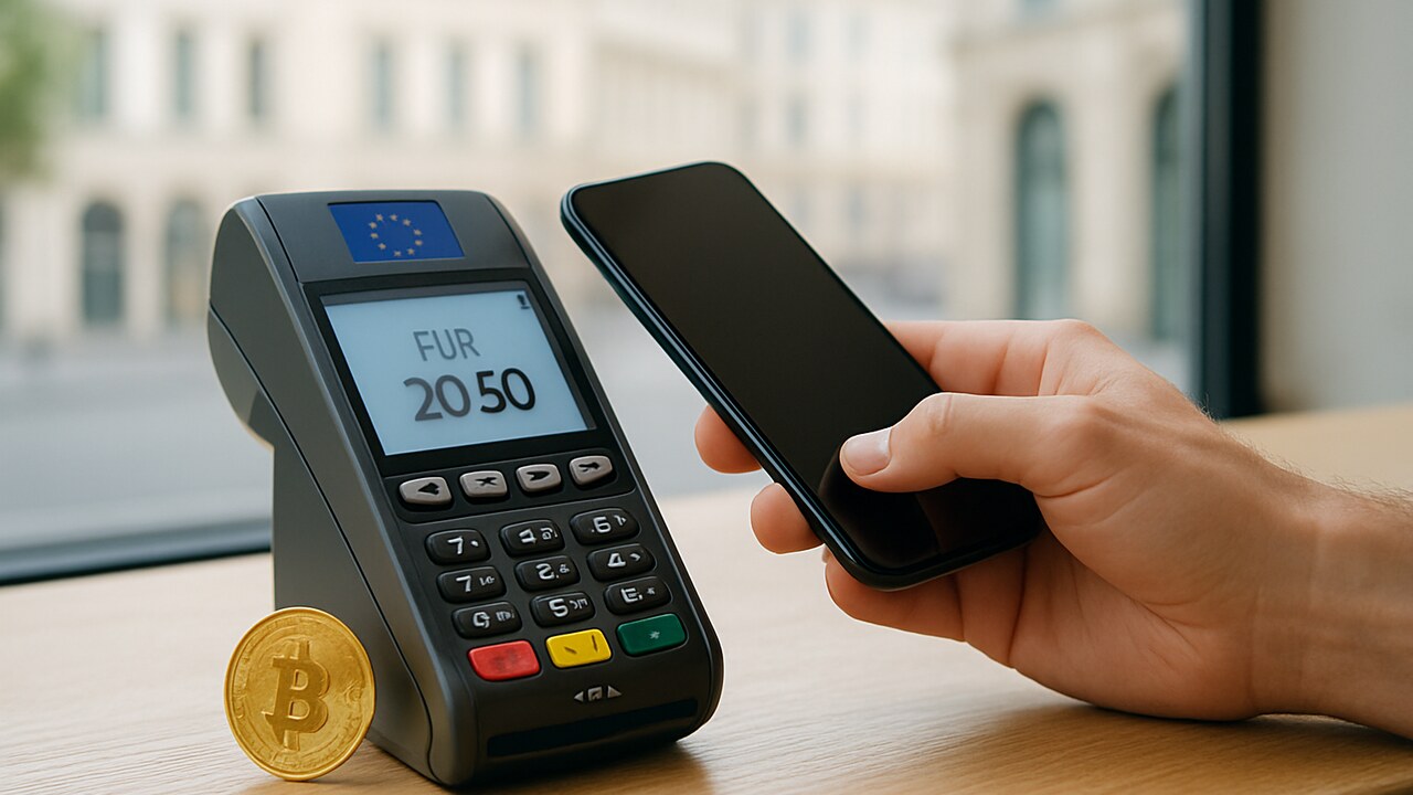 Hand met smartphone bij een betaalterminal op een toonbank, symbool voor de digitale euro