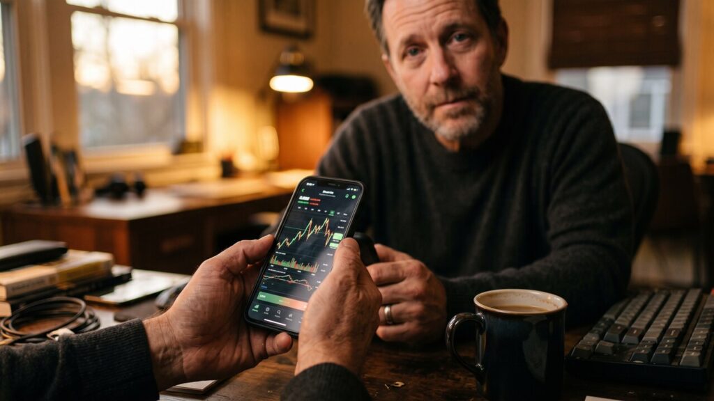 Close-up van handen met een smartphone die dalende koersen toont in een schemerig thuiskantoor