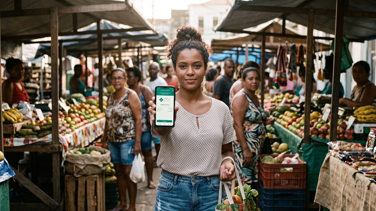 Vrouw op een Braziliaanse markt betaalt met haar smartphone en kijkt naar de camera