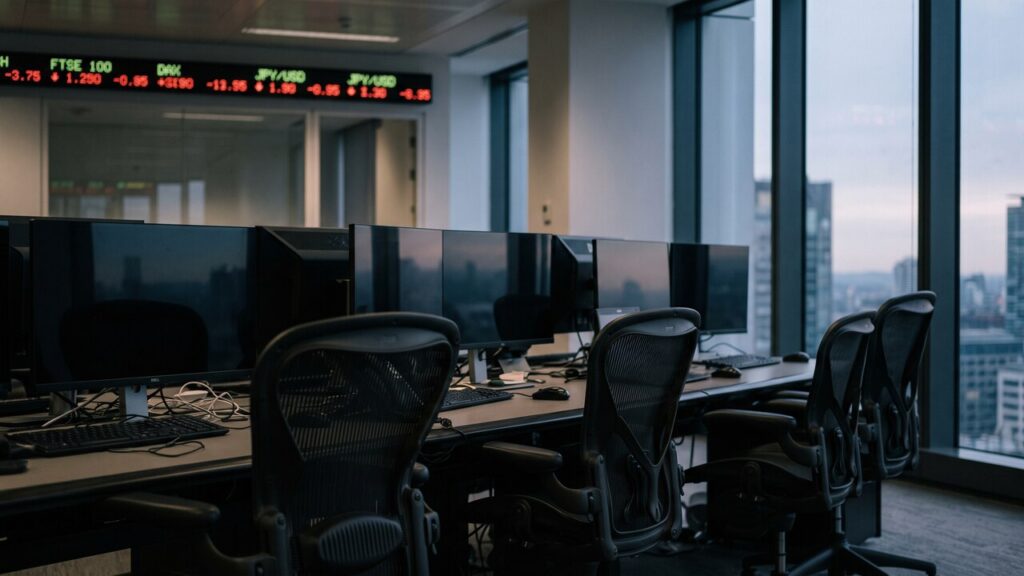 Verlaten handelsvloer met beeldschermen die verwijzen naar getokeniseerde aandelen op Wall Street