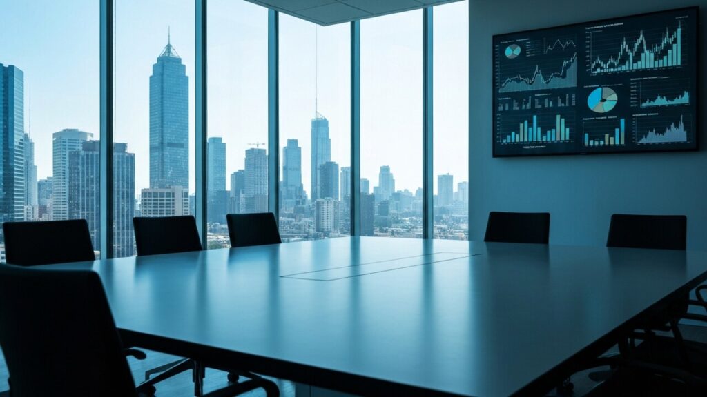 Zakelijke kantoorruimte met uitzicht op een skyline en financiele grafieken op een scherm