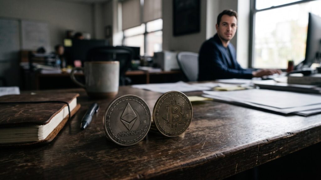 Een fysieke Ethereum-munt en Bitcoin-munt naast elkaar op een donker bureau, met de Ethereum-munt scherper op de voorgrond.