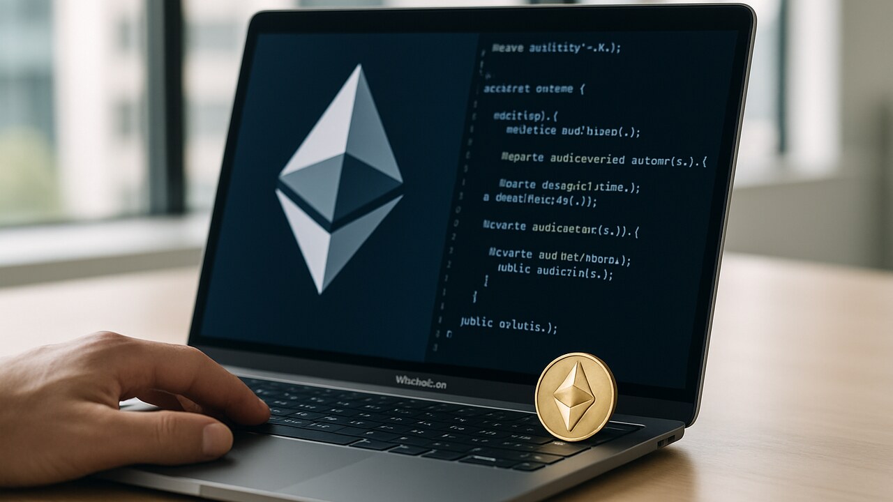 Laptopscherm met Ethereum-logo en programmacode op een bureau, symbool voor de nieuwe bestuursbenoeming bij de Ethereum Foundation