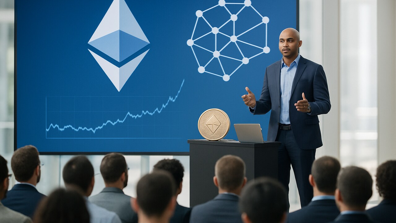 Presentatie over Ethereum en laag-2-netwerken op een goedverlicht podium met het Ethereum-logo op groot scherm