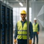 Modern AI-datacenter in aanbouw met serverracks en een Ethereum-logo op een glazen wand