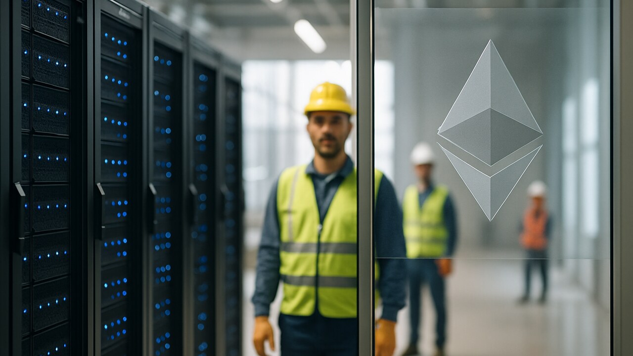 Modern AI-datacenter in aanbouw met serverracks en een Ethereum-logo op een glazen wand