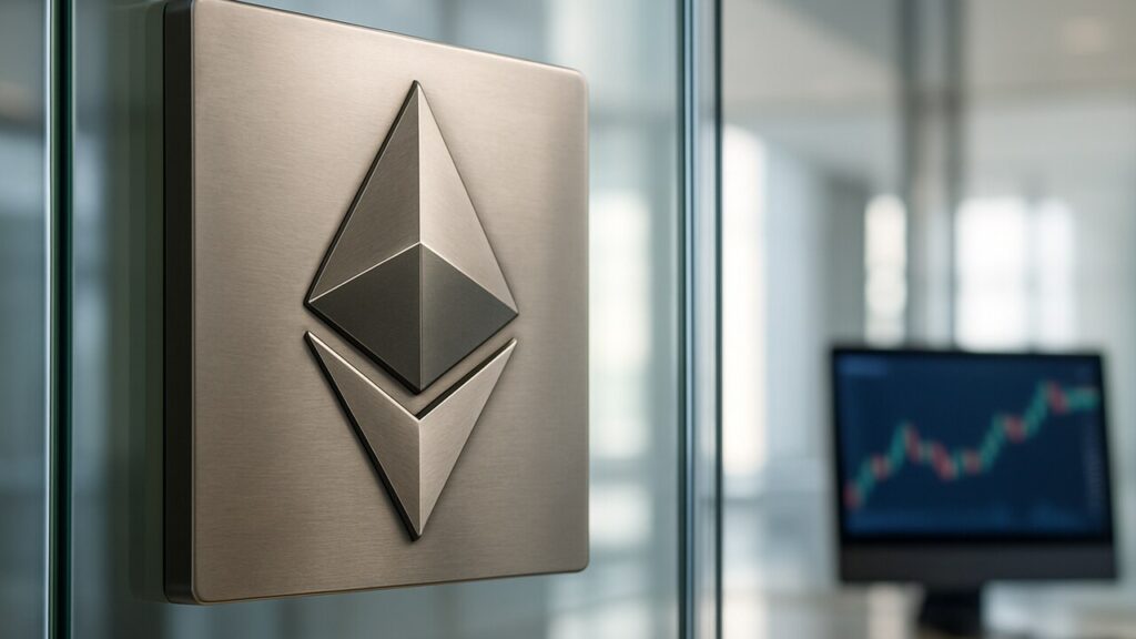 Het Ethereum-logo op een metalen plaquette aan een glazen kantoormuur