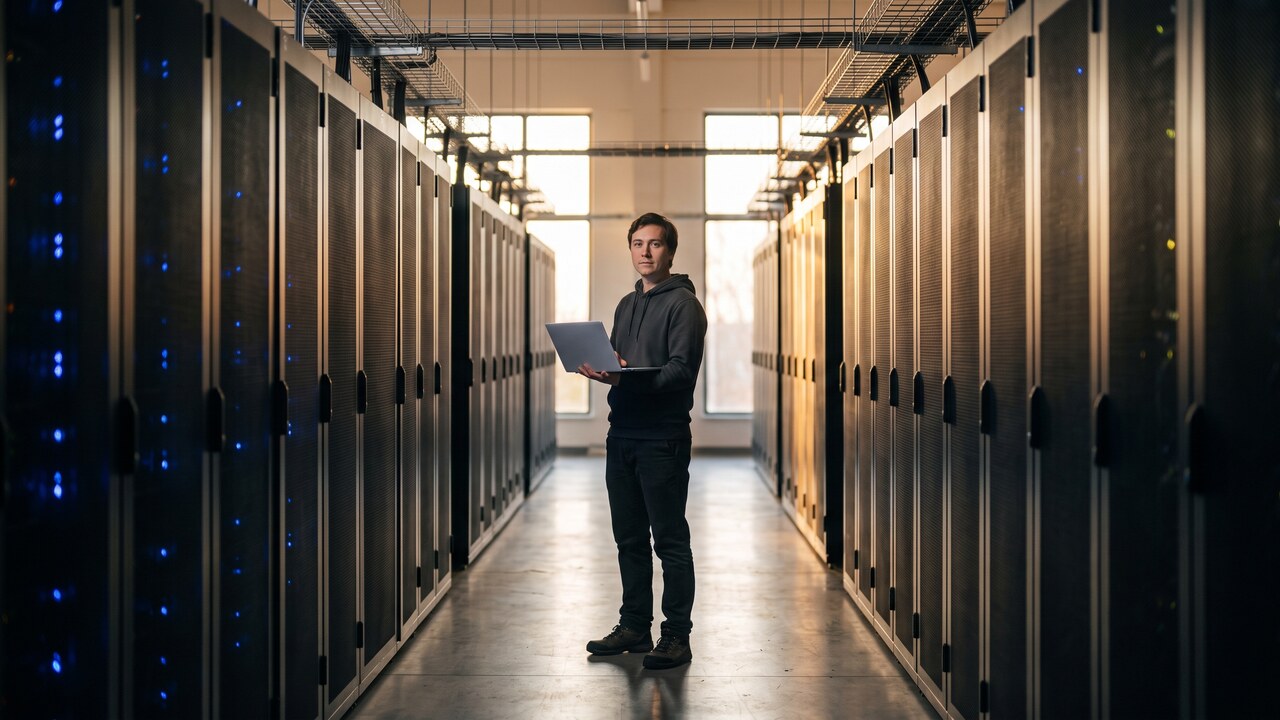 Technicus met laptop in een gang van een datacenter met serverracks, symbool voor beveiligde blockchain-infrastructuur