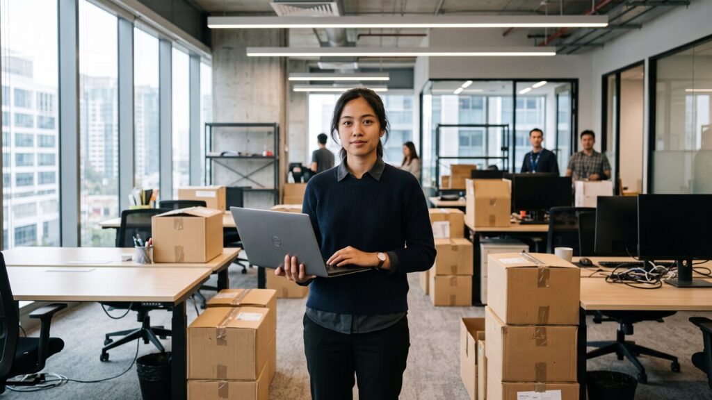 Anonieme medewerker in een modern kantoor met lege bureaus en verhuisdozen op de achtergrond