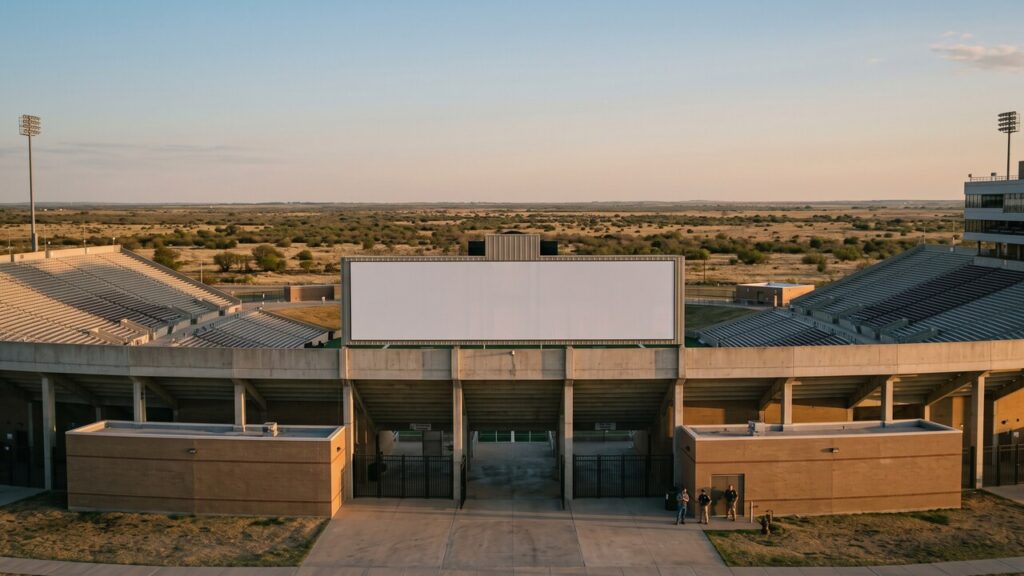 Amerikaans universiteitsstadion in het vlakke landschap van West-Texas bij schemering