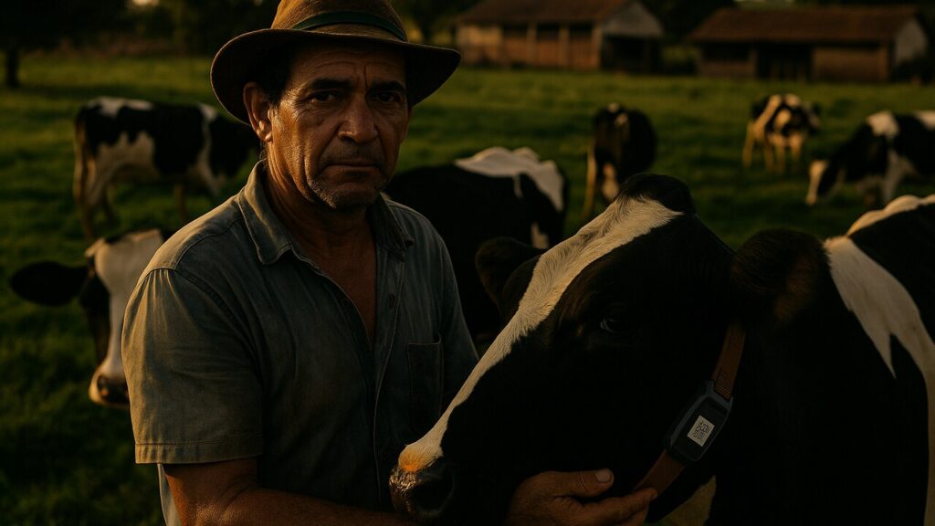 Braziliaanse melkveehouder met een slimme halsband bij zijn koeien in de wei
