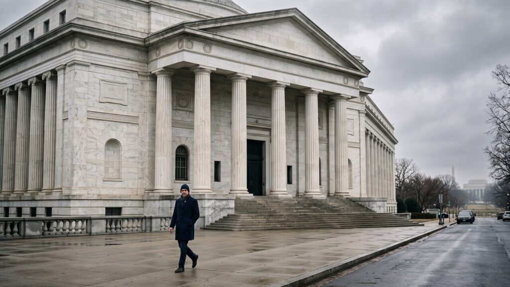 Anonieme man loopt langs de zuilengalerij van het gebouw van de Amerikaanse centrale bank op een grijze dag